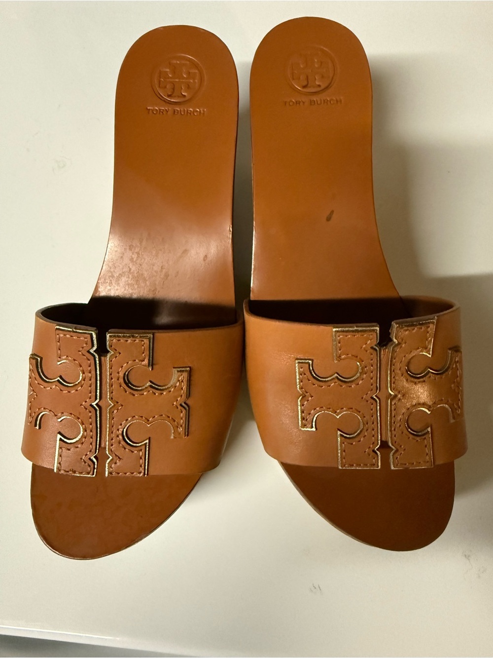Tory Burch Ines Wood Wedge Slide Sandals Tan Leather Women's 8 M